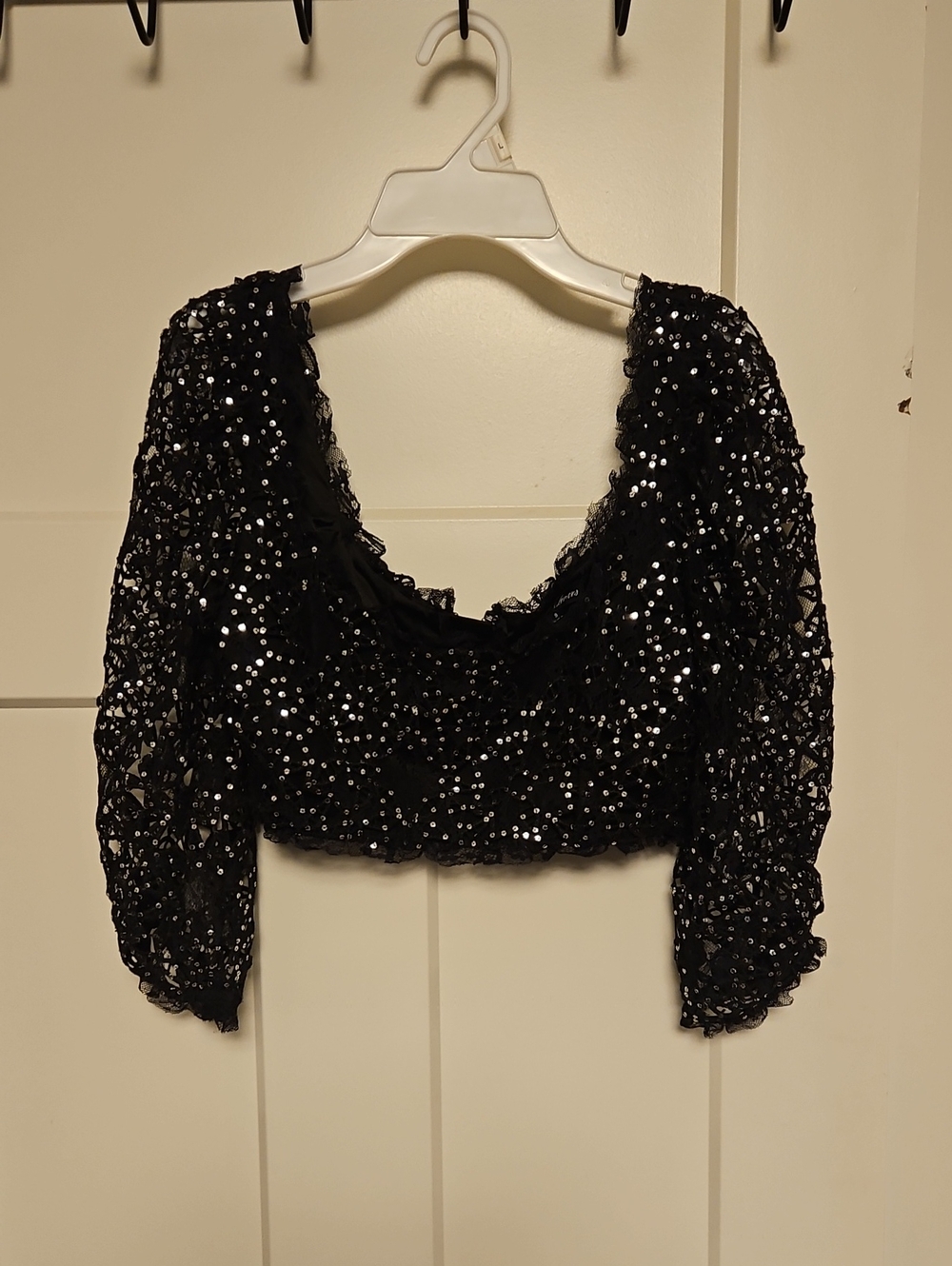 For Love & Lemons Clara Black Sequin Cropped Scoop Neck Top